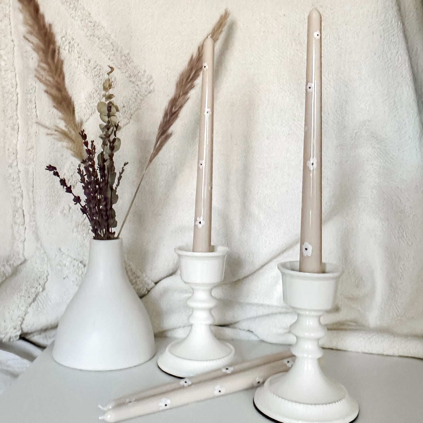 Hand painted neutral flowers long glossy candlestick