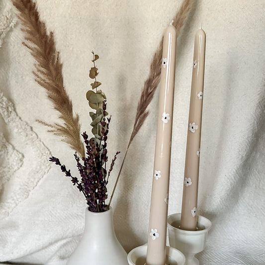 Hand painted neutral flowers long glossy candlestick