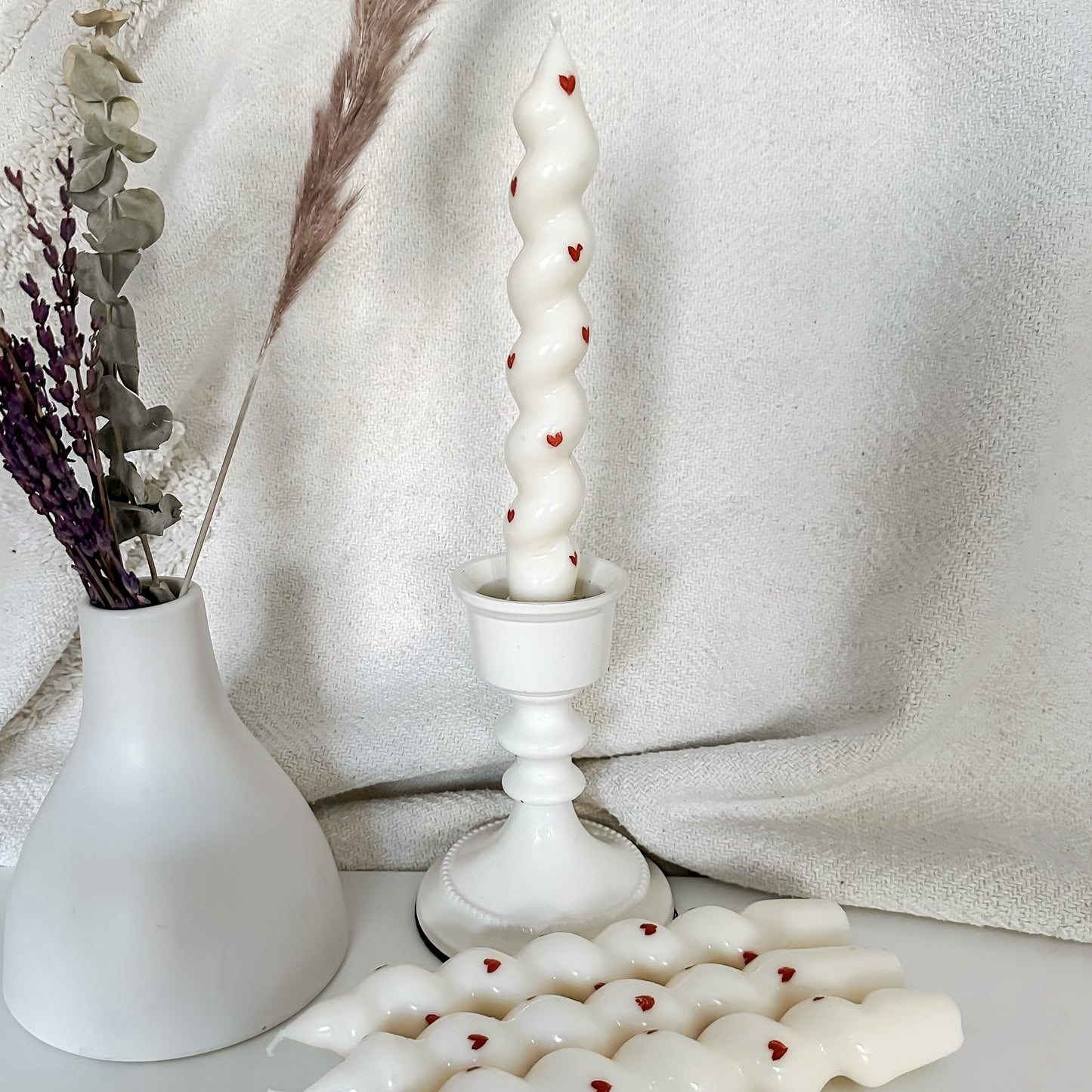 Hand painted love hearts twisted glossy candlestick